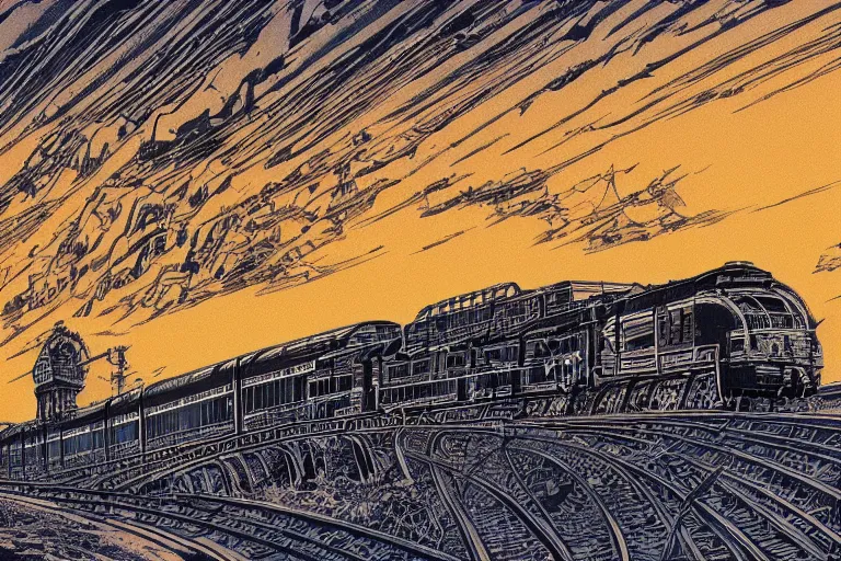 Image similar to trans - siberian express train ultrafine drawing by joe fenton and syd mead and p. craig russell and barry windsor - smith, artstation, 4 k, graphic novel, concept art, matte painting, beautiful russian winter landscape sunset background, golden hour, art nouveau, sharp