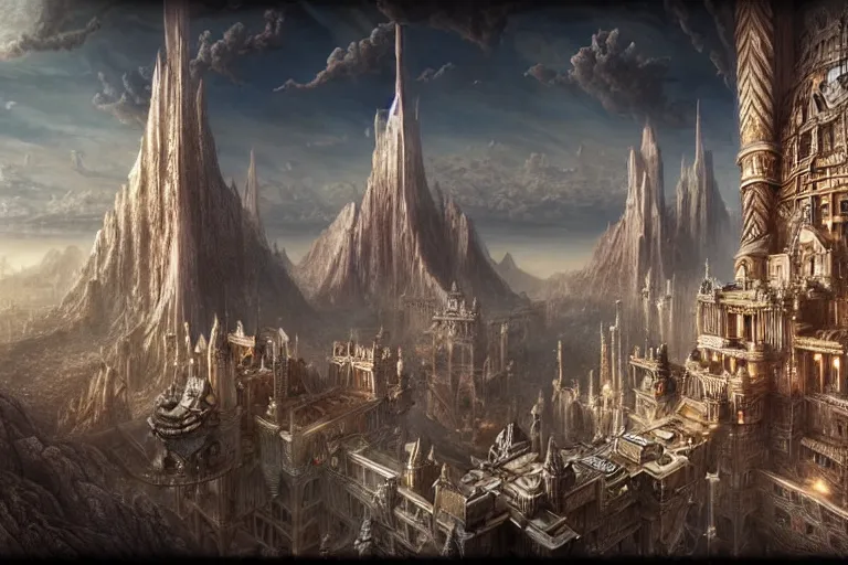 Image similar to a beautiful and insanely detailed matte painting of an advanced sprawling civilization with surreal architecture designed by akihiko yoshida!, whimsical!!, epic scale, intricate details, sense of awe, elite, fantasy realism, complex layered composition!!