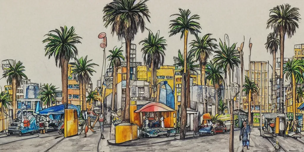 Prompt: bauhaus style street artists. painting of rounded bauhaus buildings in a junction in tel aviv. highly detailed. pen drawing painted with watercolors. colorful. low buildings. palm trees. super realistic. fluffy