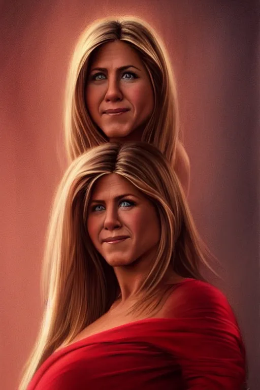 Image similar to pregnant jennifer aniston in a red dress, realistic portrait, symmetrical, highly detailed, digital painting, artstation, concept art, smooth, sharp focus, illustration, cinematic lighting, art by artgerm and greg rutkowski and alphonse mucha