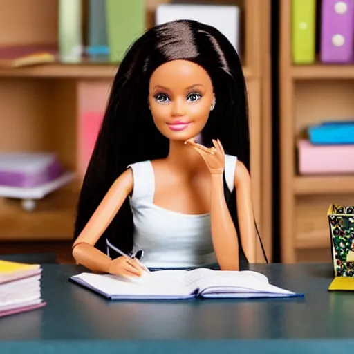 Image similar to a tired!!!!!!!! and sad!!!!!!!!! barbie doll sits at a desk in her office. the desk is overflowing!!! with several large stacks!!! of paper that surround!!! her entirely. her head is resting on her hand, photorealistic,