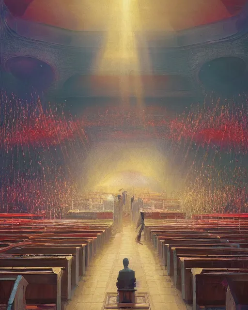 Prompt: craig mullins and moebius digital matte art of a crowd in a futuristic church, priest, pews, ethereal, inviting, bright, unreal engine, hyper realism, realistic shading, cinematic composition, realistic render, octane render, detailed textures, photorealistic, wide shot