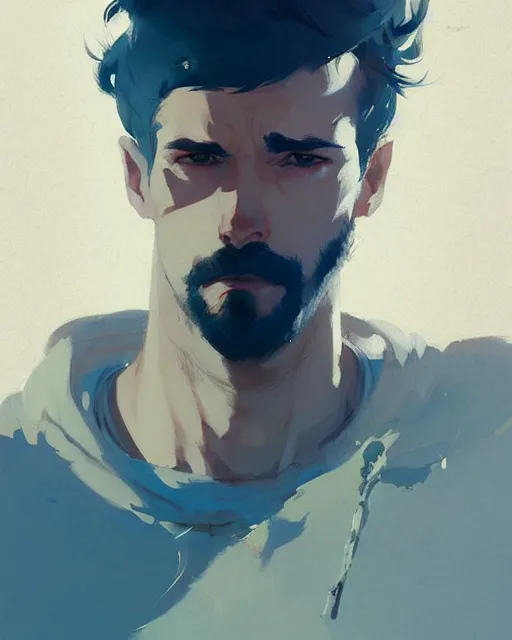 Image similar to portrait of beautiful male jon berntral by atey ghailan, by greg rutkowski, by greg tocchini, by james gilleard, by joe fenton, by kaethe butcher, dynamic lighting, gradient light blue, brown, blonde cream and white color scheme, grunge aesthetic