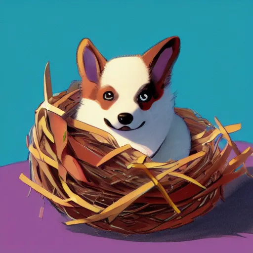 Image similar to concept art of a baby corgi hatching from an egg in a colorful nest, realistic, detailed, cel shaded, in the style of makoto shinkai and greg rutkowski and james gurney