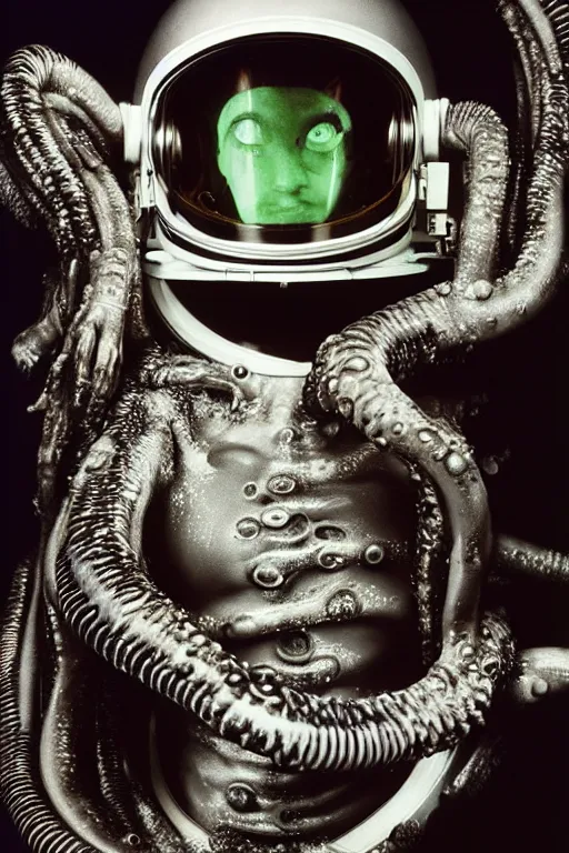 Image similar to extremely detailed studio portrait of space astronaut, alien tentacle protruding from eyes and mouth, slimy tentacle breaking through helmet visor, shattered visor, full body, soft light, disturbing, shocking realization, award winning photo by herb ritts