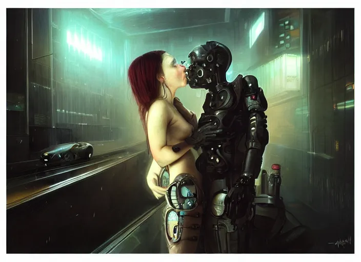 Prompt: ultra realistic medium shot of a couple of cyborgs kissing, lovers, cyberpunk, sci - fi, kodak, colour led, soft light, volumetric lighting, fog, rays, night, rain, metro station, intricate detailed, digital painting, concept art, smooth, sharp focus, illustration, art by artgerm and greg rutkowski and alphonse mucha