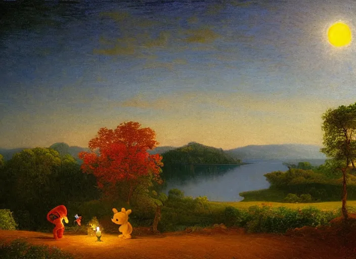 Image similar to american realist romanticism landscape painting of winnie the pooh characters at night, night time, colorful paper lanterns, in the style of hudson river school and thomas cole and albert bierstadt and robert duncanson and vincent van gogh