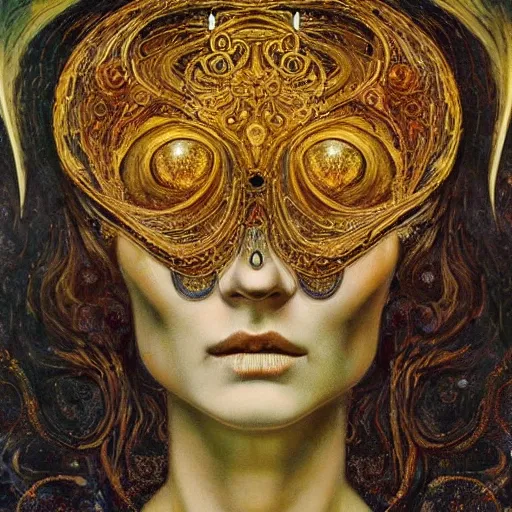 Image similar to Memento Mori by Karol Bak, Jean Deville, Gustav Klimt, and Vincent Van Gogh, beautiful visionary mystical portrait, otherworldly, fractal structures, ornate gilded medieval icon, third eye, spirals, beautiful ornate jeweled skull