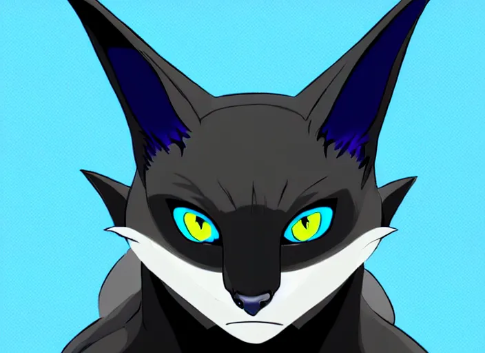 Image similar to a blue - and - black male catbat fursona with blue / green heterochromatic eyes ( differently - colored eyes, one eye green, one eye blue ) and huge bat ears, photo of the catbat streaming on his computer