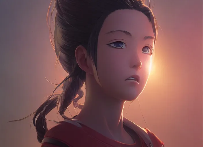 Prompt: a 3 d film animation still portrait of a 2 1 0 0's manga heroine, finely detailed features, sun light, painted by greg rutkowski, akira toriyama studio ghibli