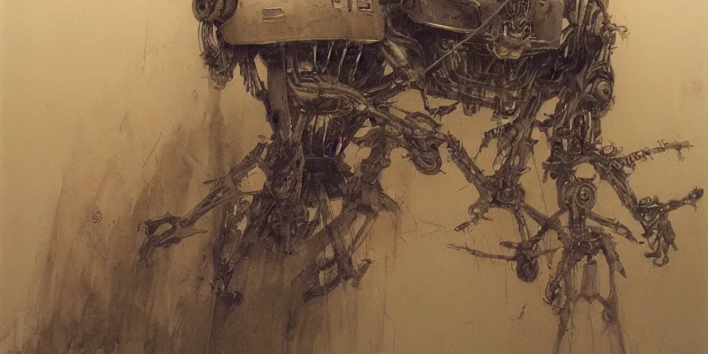 Image similar to a scary painting of robot by alan lee, trending on artstation