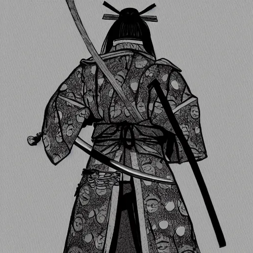 Image similar to A FULL BODY PORTRAIT FROM BEHIND OF A SAMURAI THAT HOLDS 2 KATANAS FROM VAGABOND, ,detailed, concept art, ink style , sketch black and white colors