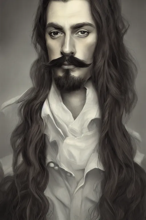 Image similar to a drawing of a man with long hair and a salvador dali mustache, an ultrafine detailed painting by Charlie Bowater, trending on Artstation, digital art, speedpainting, digital painting, artstation hq