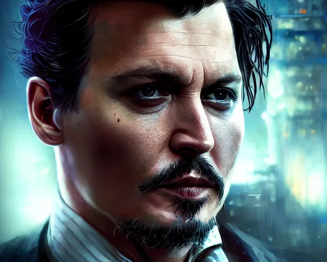 Image similar to highly detailed portrait of johnny depp as bruce wayne, in batman : arkham knight, stephen bliss, unreal engine, fantasy art by greg rutkowski, loish, rhads, ferdinand knab, makoto shinkai and lois van baarle, ilya kuvshinov, rossdraws, tom bagshaw, global illumination, radiant light, detailed and intricate environment