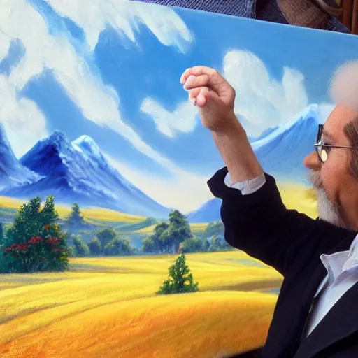 Image similar to a closeup photorealistic photograph of bob ross working on a canvas painting of mickey mouse. film still. brightly lit scene. mountains and trees. this 4 k hd image is trending on artstation, featured on behance, well - rendered, extra crisp, features intricate detail, epic composition and the style of unreal engine.