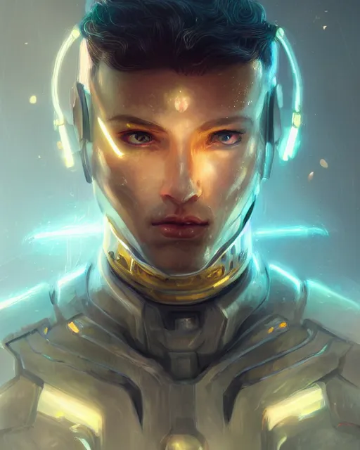 Image similar to portrait of handsome guy in cyber armor, dreamy and ethereal, expressive pose, gold eyes, exciting expression, fantasy, intricate, elegant, many lightning, cold color, highly detailed, digital painting, artstation, concept art, cyberpunk wearing, smooth, sharp focus, led, illustration.