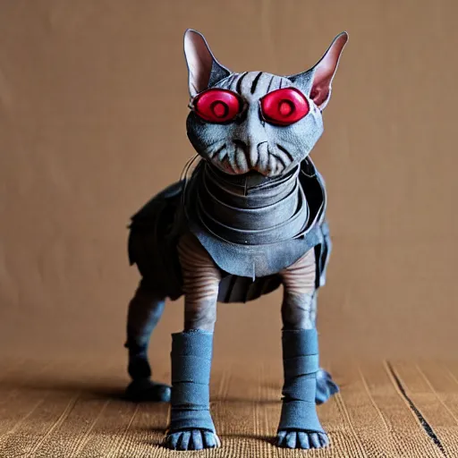 Image similar to samurai armor worn by hairless sphynx cat