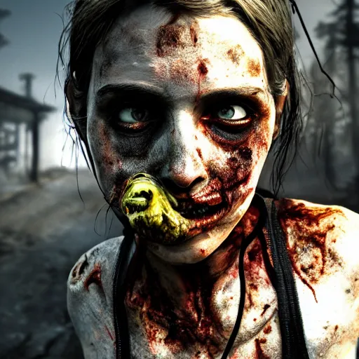 Image similar to post apocalyptic half burned zombie with pig nose, horror, details face, photo, bloody eyes, unreal engine, digital, artstation, detailed body, heavenly atmosphere, digital art, overdetailed art, trending on artstation, cgstudio, the most beautiful image ever created, dramatic, award winning artwork, beautiful scenery