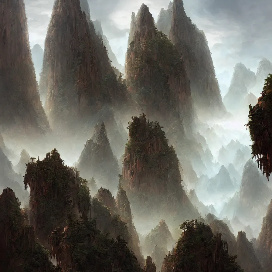 Image similar to a painting of a huangshan, a matte painting by marc simonetti, deviantart, fantasy art, apocalypse landscape, matte painting, apocalypse art