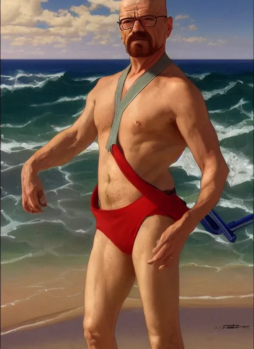 Prompt: portrait Walter White as sea lifeguard on the beach, full length shot, shining, 8k highly detailed, sharp focus, illustration, art by artgerm, mucha, bouguereau