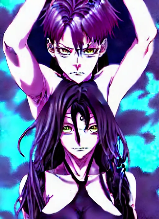 Image similar to style of madhouse studio anime, black lagoon manga, loish, artgerm, rafael albuquerque comic art, portrait of revy from black lagoon, symmetrical eyes and symmetrical face, jean shorts, white tank top, purple hair, sarcastic evil smirk on face, sky and ocean background