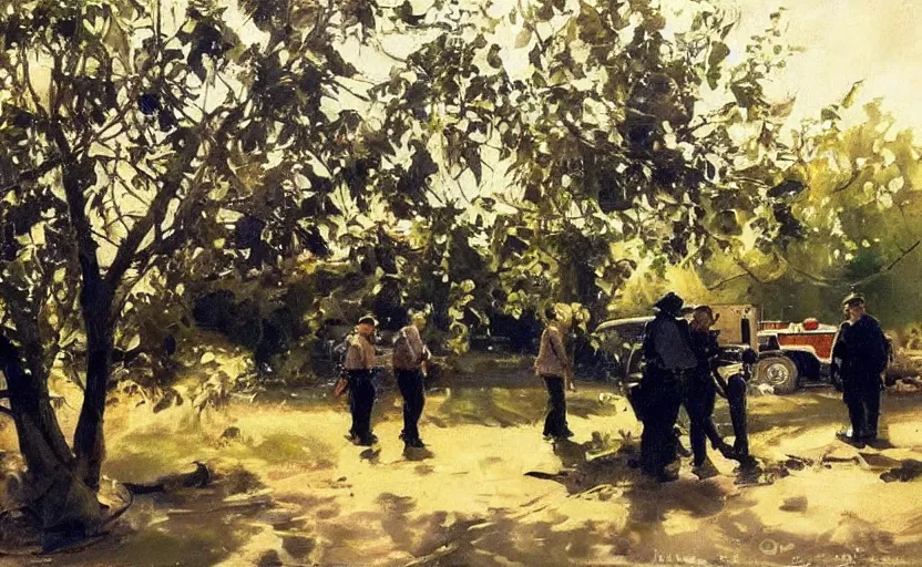 Prompt: oil painting lanscape by anders zorn, nature, fruit trees, very very very very beautiful art, dramatic light, police car closeup, arrest by angry police