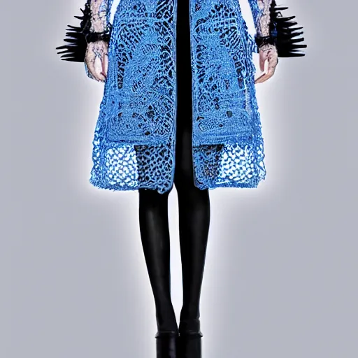 Prompt: fashion 2 0 5 0 fantastic openwork long coat with intricate pattern on a beautiful symmetrical girl with blue hair, hyper realistic photos