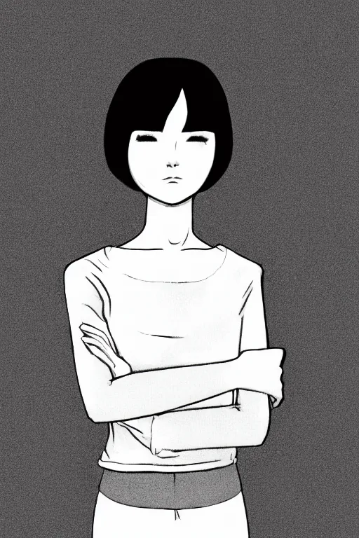 Image similar to portrait of a girl in long pants and a top, hands in pockets, eyes closed, bob haircut, digital art, black and white, lineart by junji ito