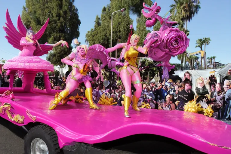 Prompt: Angelyne fights Scorpion from Mortal Kombat on a float at the Rose Parade, painted by mark ryden,