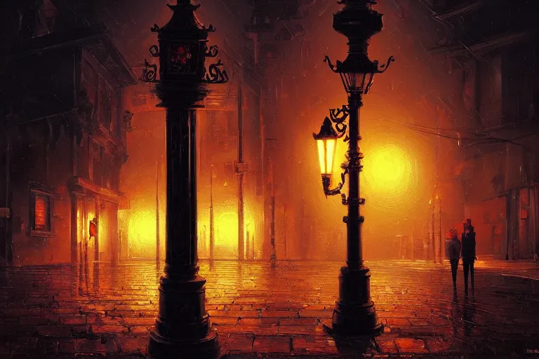 Image similar to baroque oil painting of anime key visual concept art of an ornate detailed oil lamppost at night, rusty black metal, flickering flame, reflective mapping, trending on artstation, palette knife and brush strokes, oil on canvas, style of makoto shinkai greg rutkowski studio ghibli genshin impact