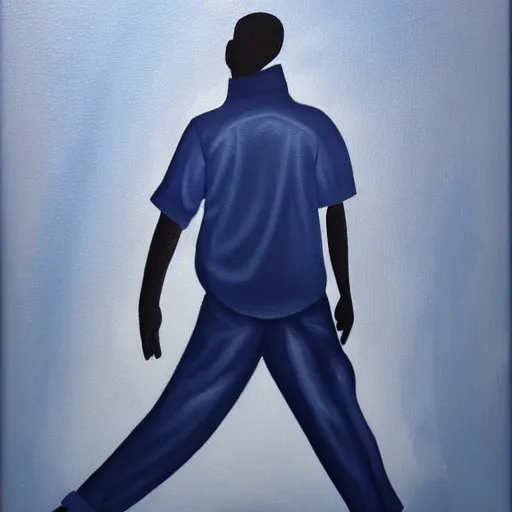 Image similar to lonely male nurse in dark blue scrubs, painting, dark colors, contrast, dark background