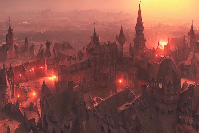 Image similar to medieval city with a huge castle in the center, red sun, top view, steampunk, mechanics, render, 8k, trending on artstation, volumetric light, lightrays, HDR, ambient occlusion, subsurface scattering, cinematic scene, steampunk style, fantasy