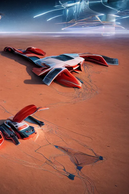 Prompt: professional photograph of a beautiful neo - futuristic simplified symmetrical spacecraft landed on a desert plateau by ilm, denis villeneuve, emmanuel shiu, zaha hadid, vapor, cinematic architectural scale, red paint detail, manga, dramatic, lamborghini styling, volumetric, concept art, hard surface, hyperrealism, high detail, trending on artstation, sharp focus, rendered in octane