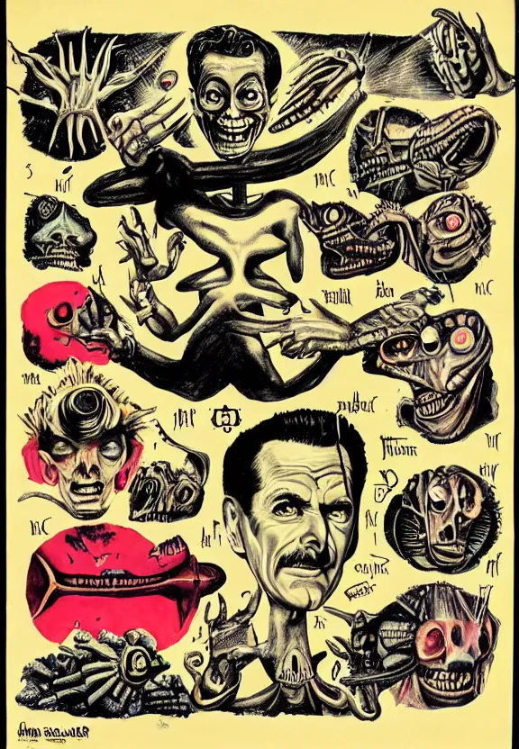 Image similar to subgenius, x - day, aliens, weird stuff, occult stuff, devil stuff, diagram, colorful, stained paper, hyperrealism, stage lighting