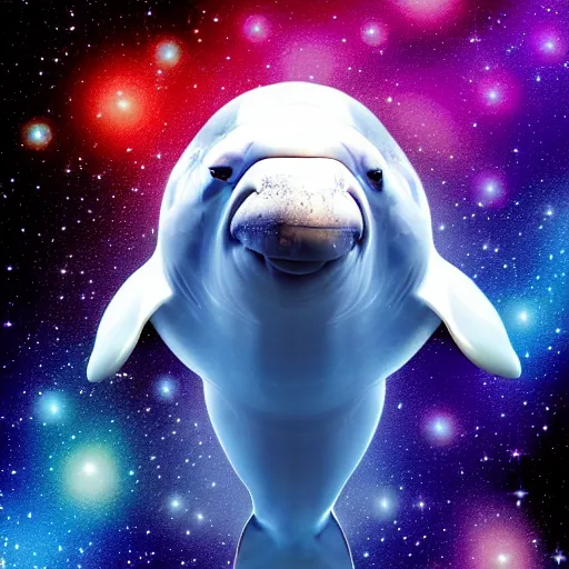 Image similar to beluga whale face only, nebula space background, higher detailed, realistic