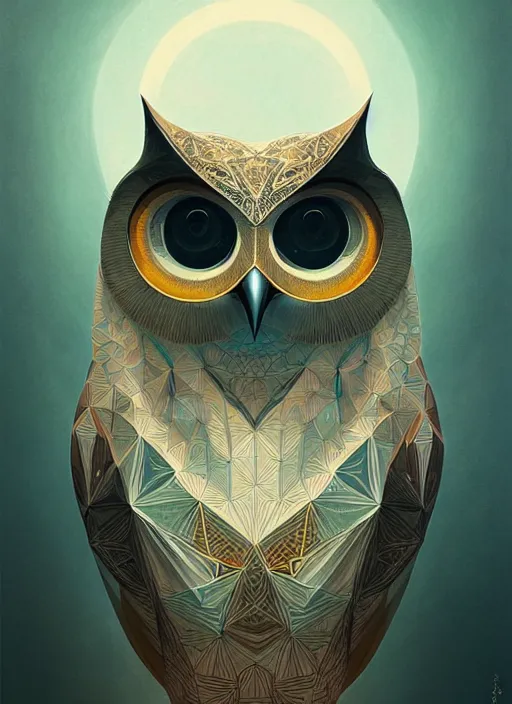 Image similar to portrait of a geometric owl, identical eyes, medium shot, illustration, full body made of white feathers, symmetrical, art stand, super detailed, cinematic lighting, and its detailed and intricate, gorgeous, by peter mohrbacher