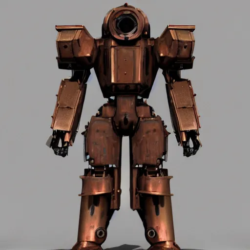 Image similar to a steampunk mech - suit designed to shoot down other mech - suits, 3 d render, unity, steam, pipes, guns, copper, metal, slightly rusty, plain background, finely detailed, epic, intense, sparks, cinematic lighting,