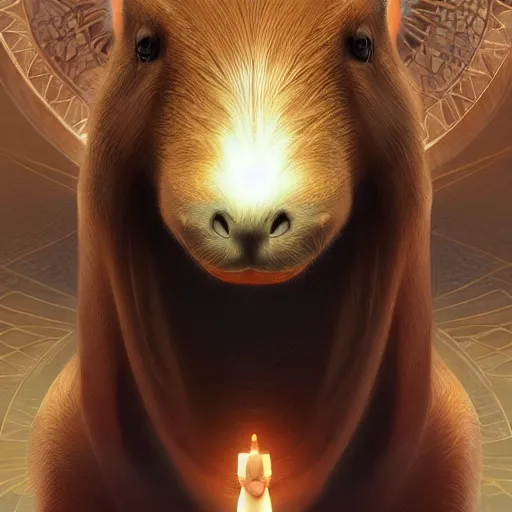 Image similar to capybara surrounded by sacred geometry made from elven architecture, gorgeous, powerful, cinematic, beautifully lit, by artgerm, by karol bak, 3 d, trending on artstation, octane render