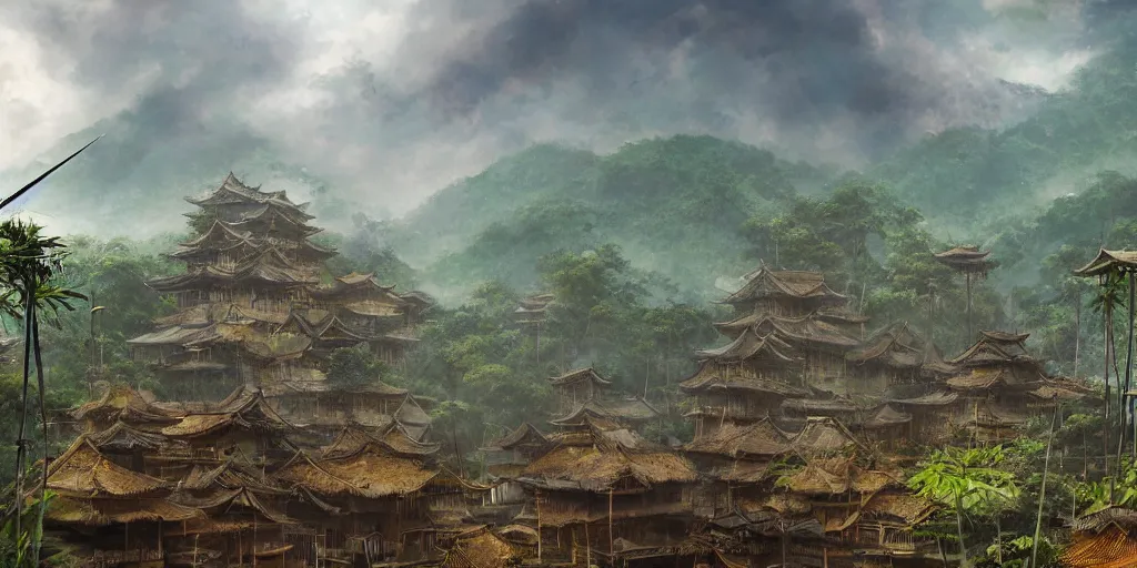 Image similar to A gigantic standing haunted samurai guardian dominates a huge hidden bamboo village in the jungle, evening, ominous sky, flags, Matte Painting, Craig Mullins