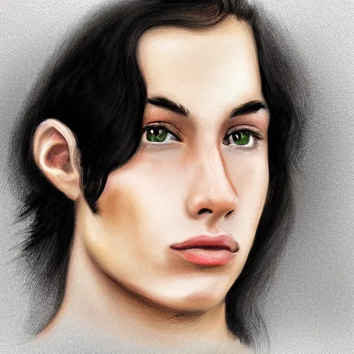 Prompt: a digital portrait of a 21 year old with black hair,hazel green eyes, drawn in the style of mark Arian