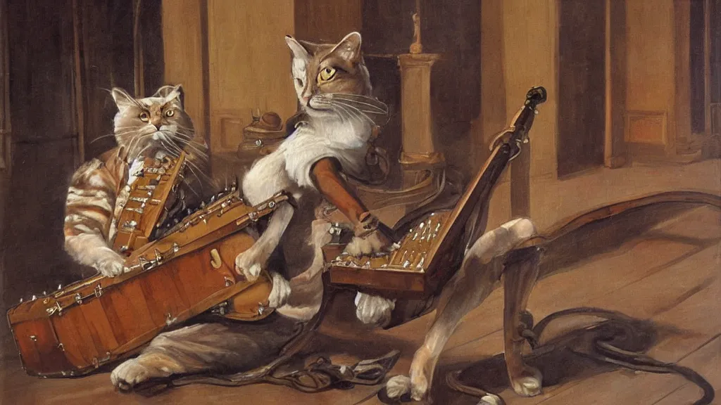 Prompt: Painting of a half man half cat creature playing the hurdy gurdy in a grand hall, hyperrealistic