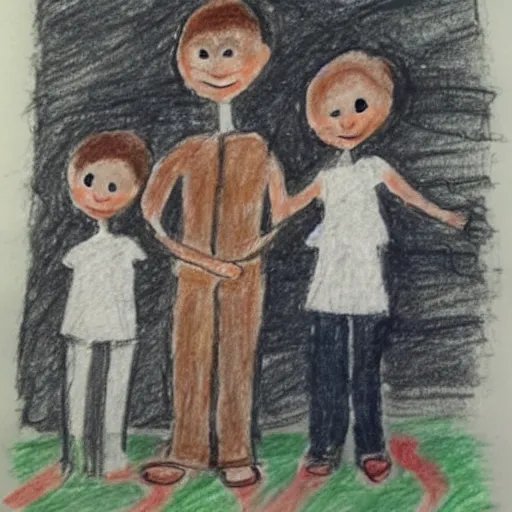 Children´s drawing, happy family with garden, car, sunshine, rainbow and  house stock photo