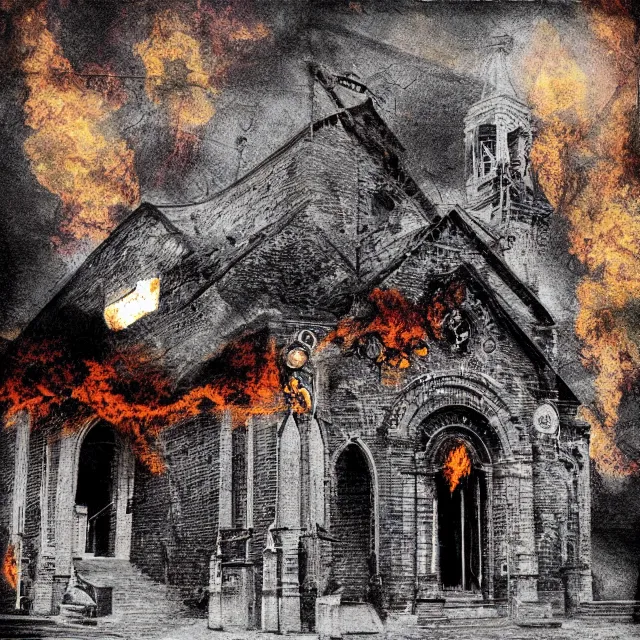 Prompt: burning church, burning cross, surrealistic collage art