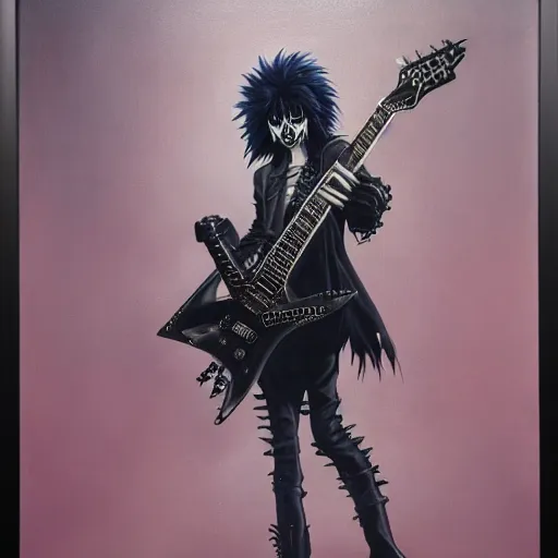 Prompt: a portrait of the grim reaper as a punk rocker playing an electric guitar, punk, skeleton face, mohawk, dark, fantasy, leather jackets, spiked collarsand wristbands, piercings, boots, ultrafine detailed oil on canvas painting by frank frazetta and vito acconci and and takeshi obata, death note style, symetric body, sharp focus