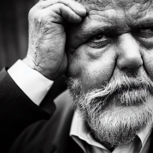 Prompt: photograph of old man wearing suit, sinister, dark circles under eyes, overweight, sagging skin, caucasian, hair becoming gray, sigma 85mm f/1.4, 4k, depth of field, high resolution, 4k, 8k, hd, full color