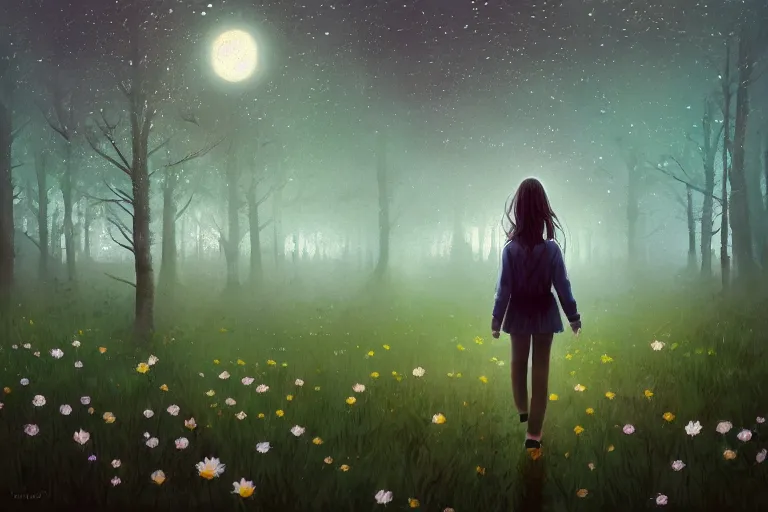 Image similar to giant bunch of daisy flowers head, girl walking in dark forest, surreal photography, dark night, stars, moon light, impressionist painting, clouds, digital painting, artstation, simon stalenhag