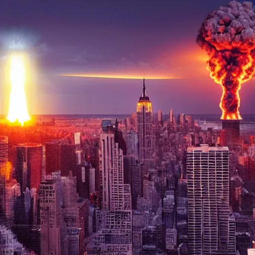 Image similar to nuclear explosion in New York city, very very very detailed, super high quality, UHD, Ray tracing, realistic