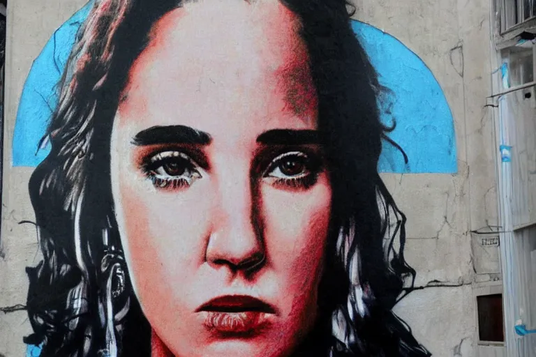 Image similar to Street-art portrait of Jennifer Connelly (1990), in style of Seaty