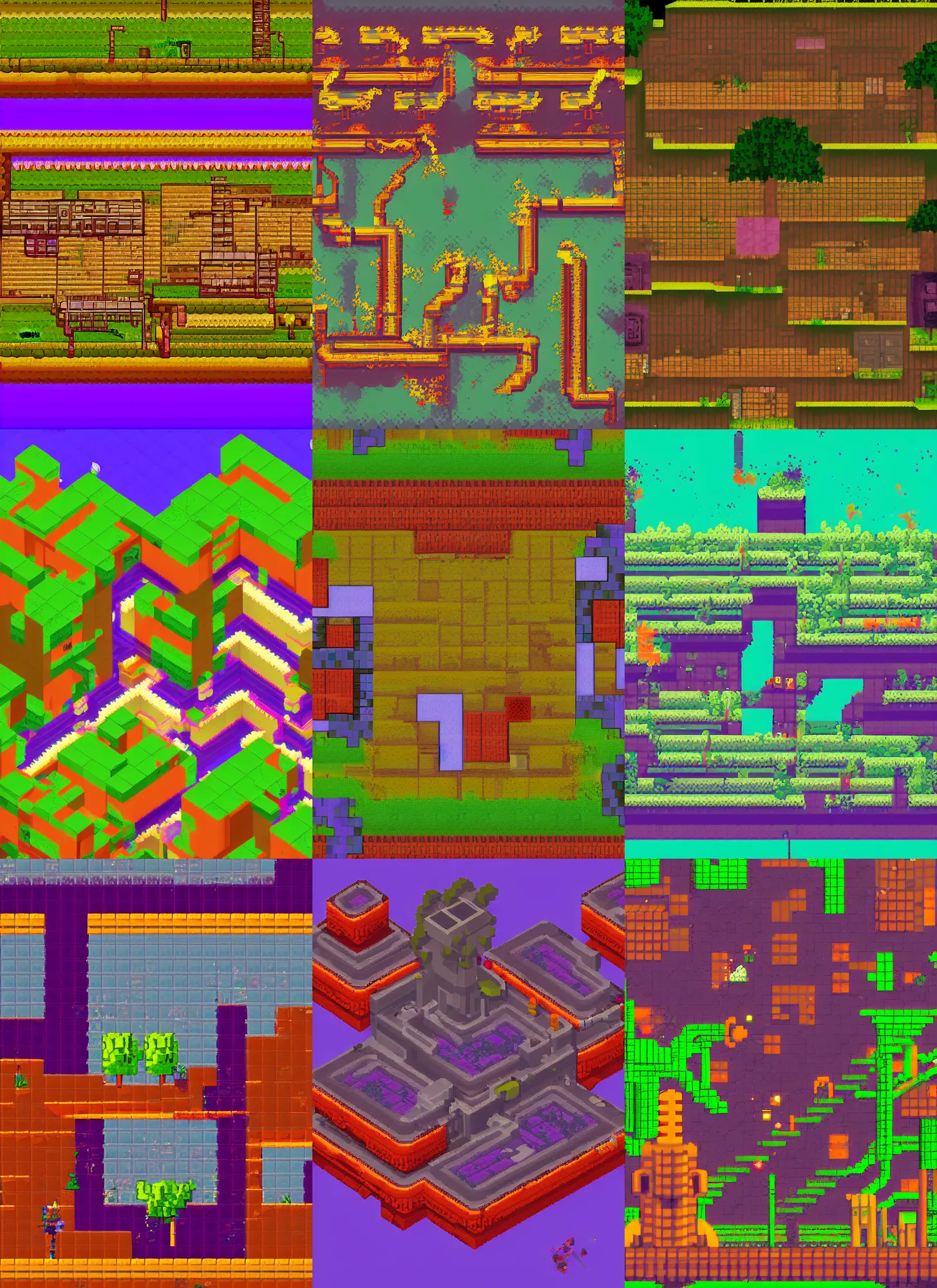 Prompt: a pixel art abandoned overgrown factory in the style of fez and celeste, atmospheric, orange and purple color scheme