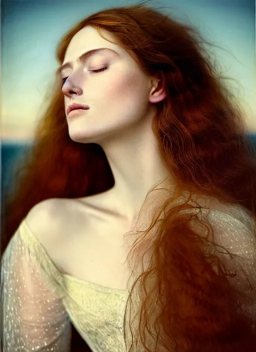 Image similar to Kodak Portra 400, 8K, soft light, volumetric lighting, highly detailed, britt marling style 3/4, extreme Close-up portrait photography of a beautiful woman how pre-Raphaelites a woman with her eyes closed is surrounded by water, an album cover by Frieke Janssens, a beautiful lace dress and hair are intricate with highly detailed realistic beautiful flowers , Realistic, Refined, Highly Detailed, natural outdoor soft pastel lighting colors scheme, outdoor fine art photography, Hyper realistic, photo realistic